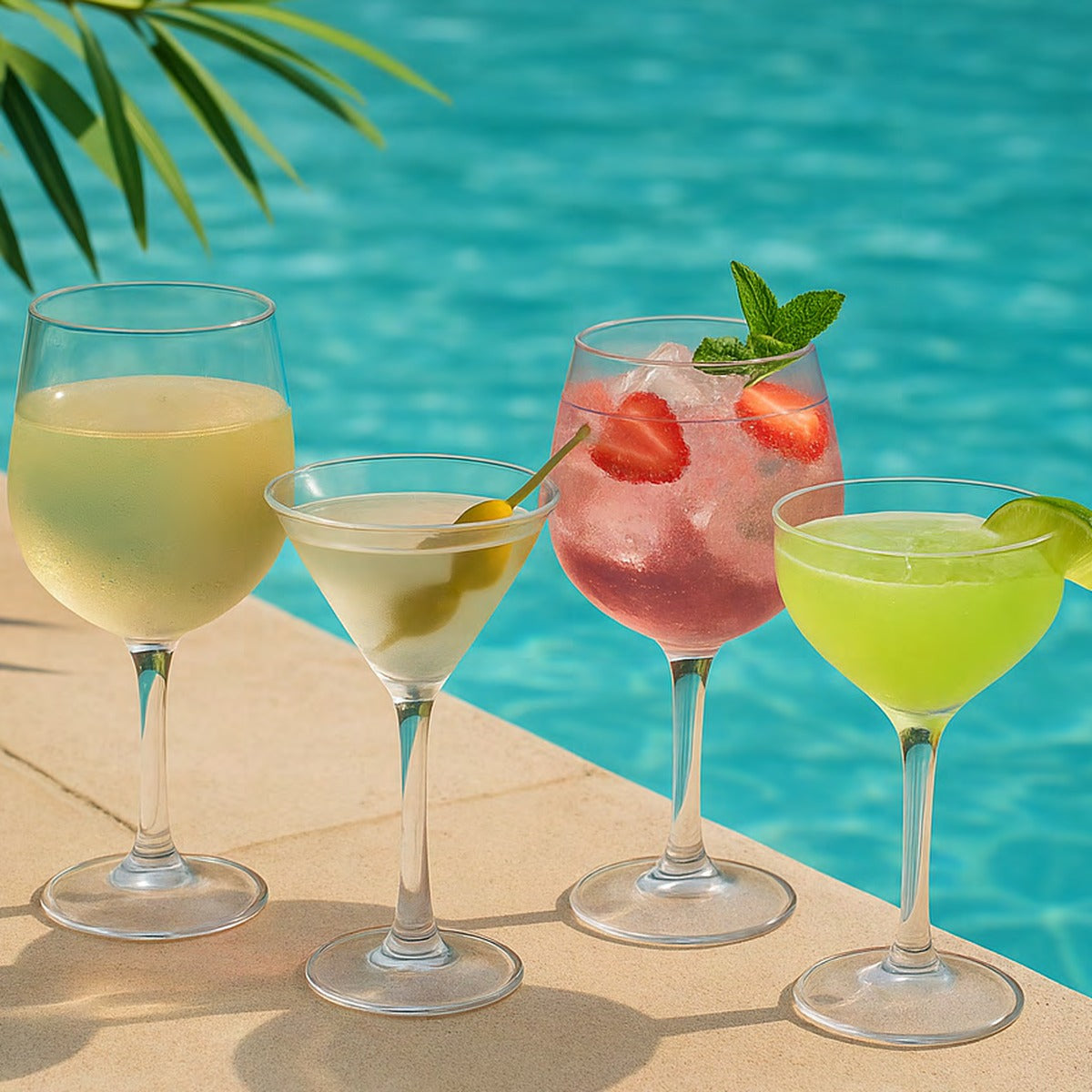 Copas de policarbonato irrompibles con cocteles junto a la alberca